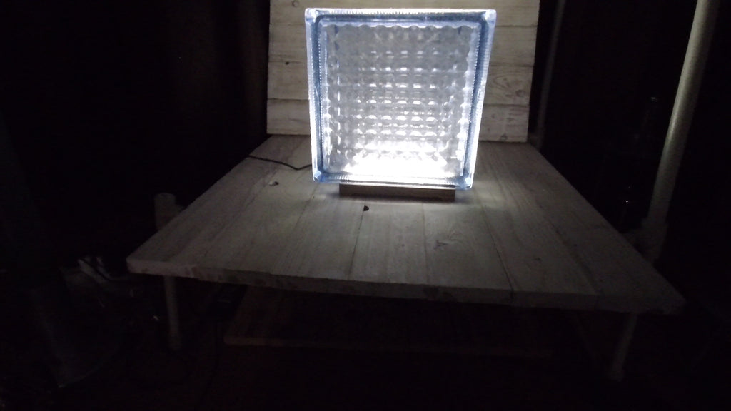 Large Soviet Glass Block LED Table Lamp with Oak Base